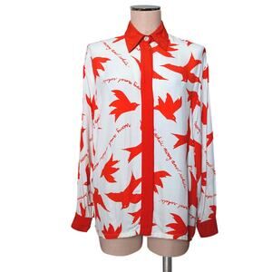 80's 90's MONDI Vintage Bird Print Button Up Blouse Red White Shirt Top 34 XS S